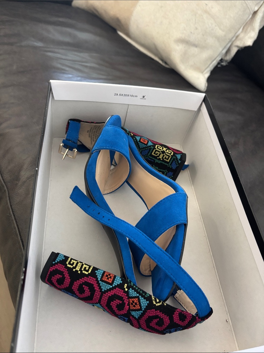 Nine West Electric Blue Suede Embroidered Block-Heel Sandals